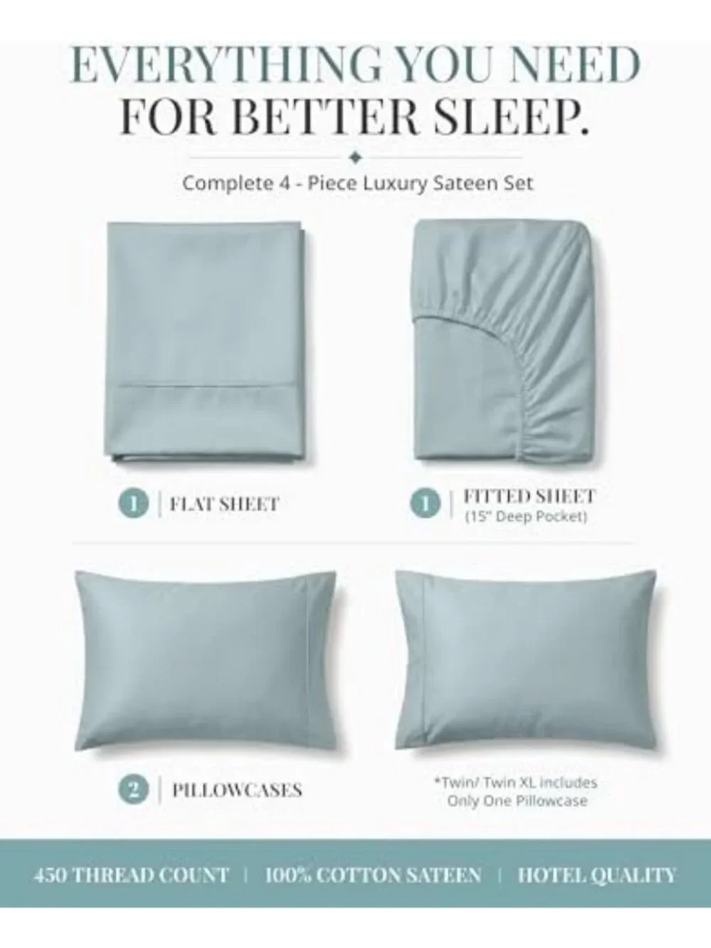 Silky Smooth 450TC Full Cotton Sheets Set - Soft Sateen Weave, French Blue